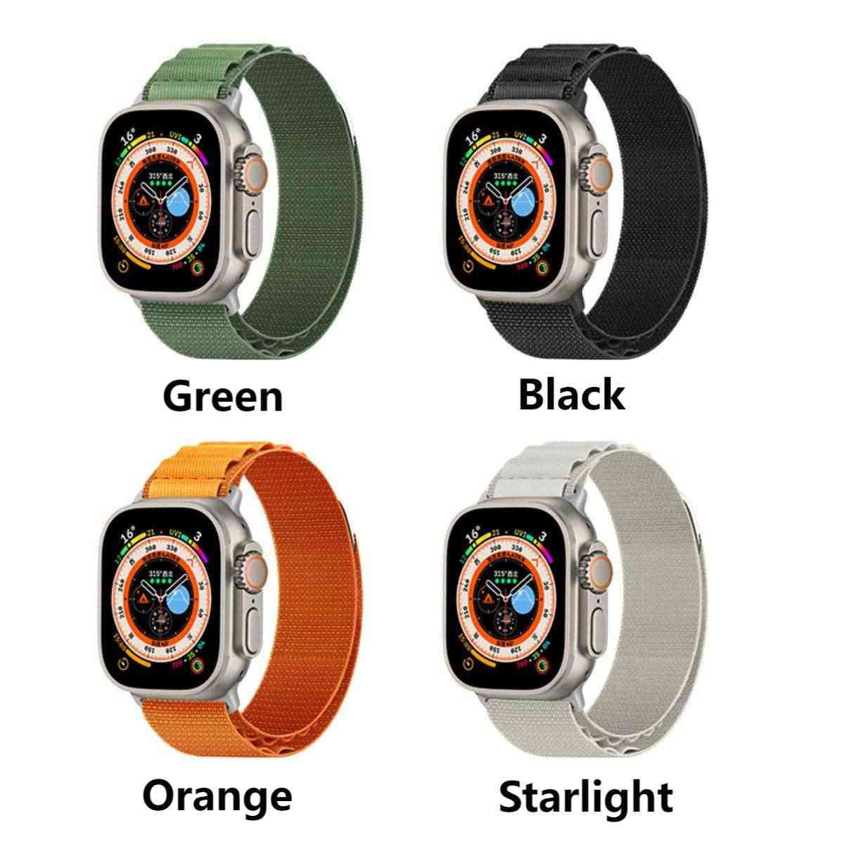 Four color options for Mountain Series Nylon Apple Watch Band: Green, Black, Orange, and Starlight. Designed for Apple Watch Ultra.